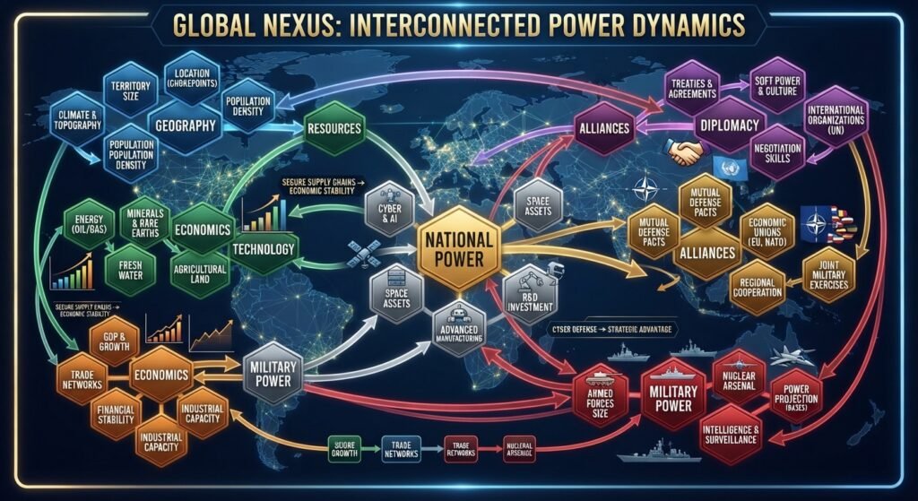 Key factors influencing international geopolitics including geography, economy, military power and diplomacy.